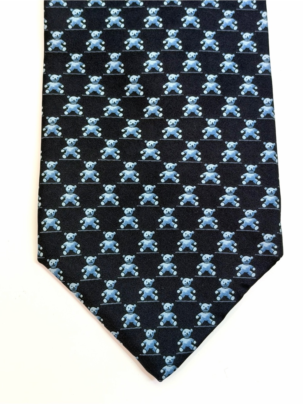 Faconnable 100% Silk Tie Teddy Bear Pattern Tie Navy Blue Luxury Novelty Necktie